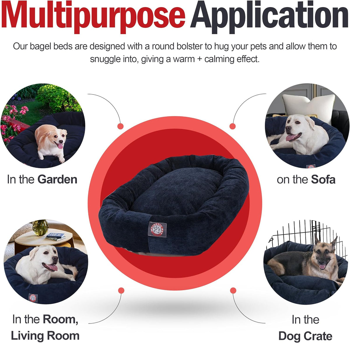 Majestic Pet 40 Inch Micro Velvet Calming Dog Bed Washable 40x29x9 (inch) – Cozy Soft Round Donut Dog Bed with Spine for Head Support - Pet Bed Large – Navy (2025)