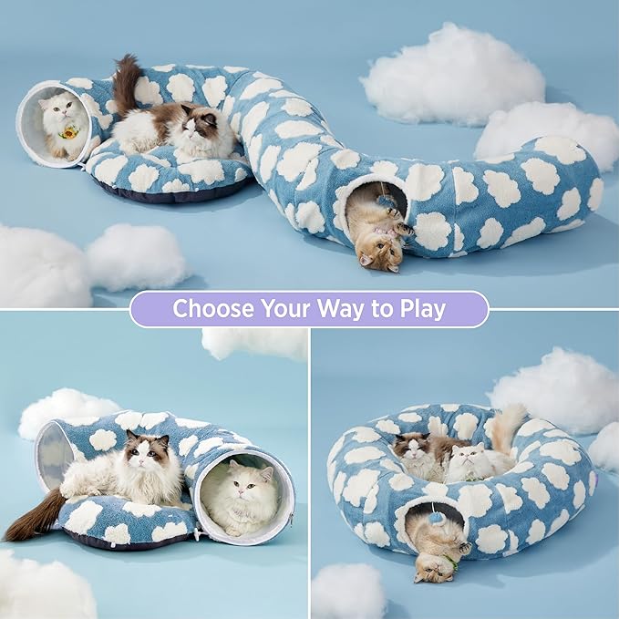 Lesure Large Cat Tunnel Bed - Cute Donut Bed for Indoor Cats with Washable Circle Cushion, Round Pet Peekaboo Cave Toy for Multi Kitten/Puppy/Rabbit, Large Cozy Clouds Blue
