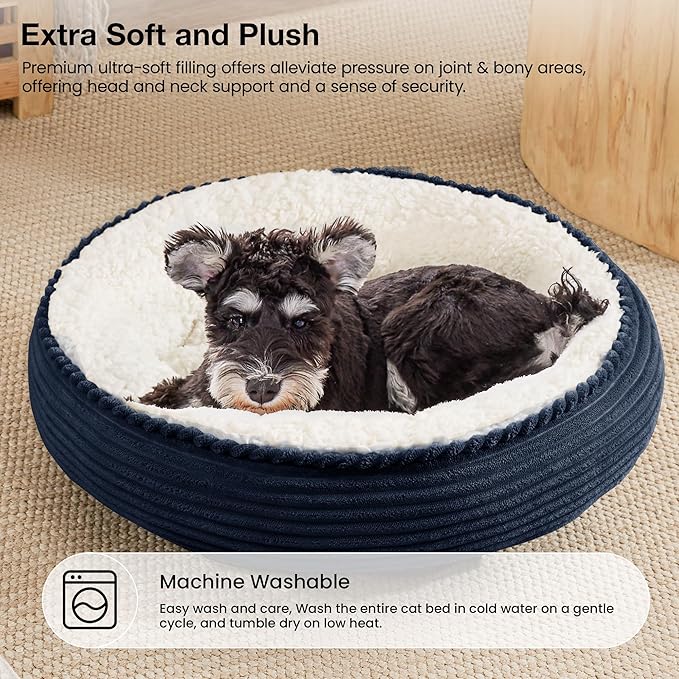 Love's cabin Round Donut Cat and Dog Cushion Bed, 25in Pet Bed for Small or Medium Dogs, Anti-Slip & Water-Resistant Bottom, Soft Durable Fabric Pet Beds, Washable Calming Cat Bed Navy Stripe