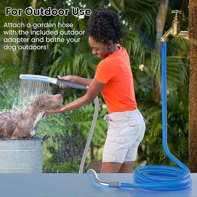 Dog Shower Attachment, Dog Washing Hose Attachment with Metal T-Diverter, Dog Bathing Supplies with 3 Spray Modes & One-Button ON/OFF Indoor and Outdoor Sprayer 8-Foot Hose