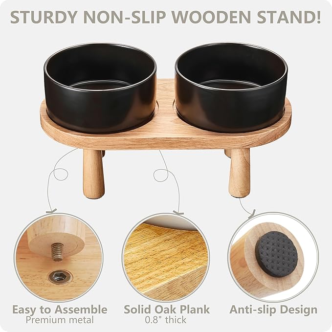 Ceramic Elevated Dog Bowls, Pet Food and Water Bowl Set for Large Dogs, 7.5 Cups Dog Bowls Raised with Wood Stand, 61OZ, Black