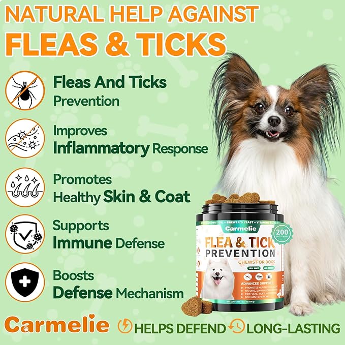 Flea and Tick Prevention for Dogs - 200 Soft Chewables Natural Dog Flea and Tick Support - Oral Flea Supplement for All Breeds & Size Dogs, Puppy Flea Protection - Duck Flavor