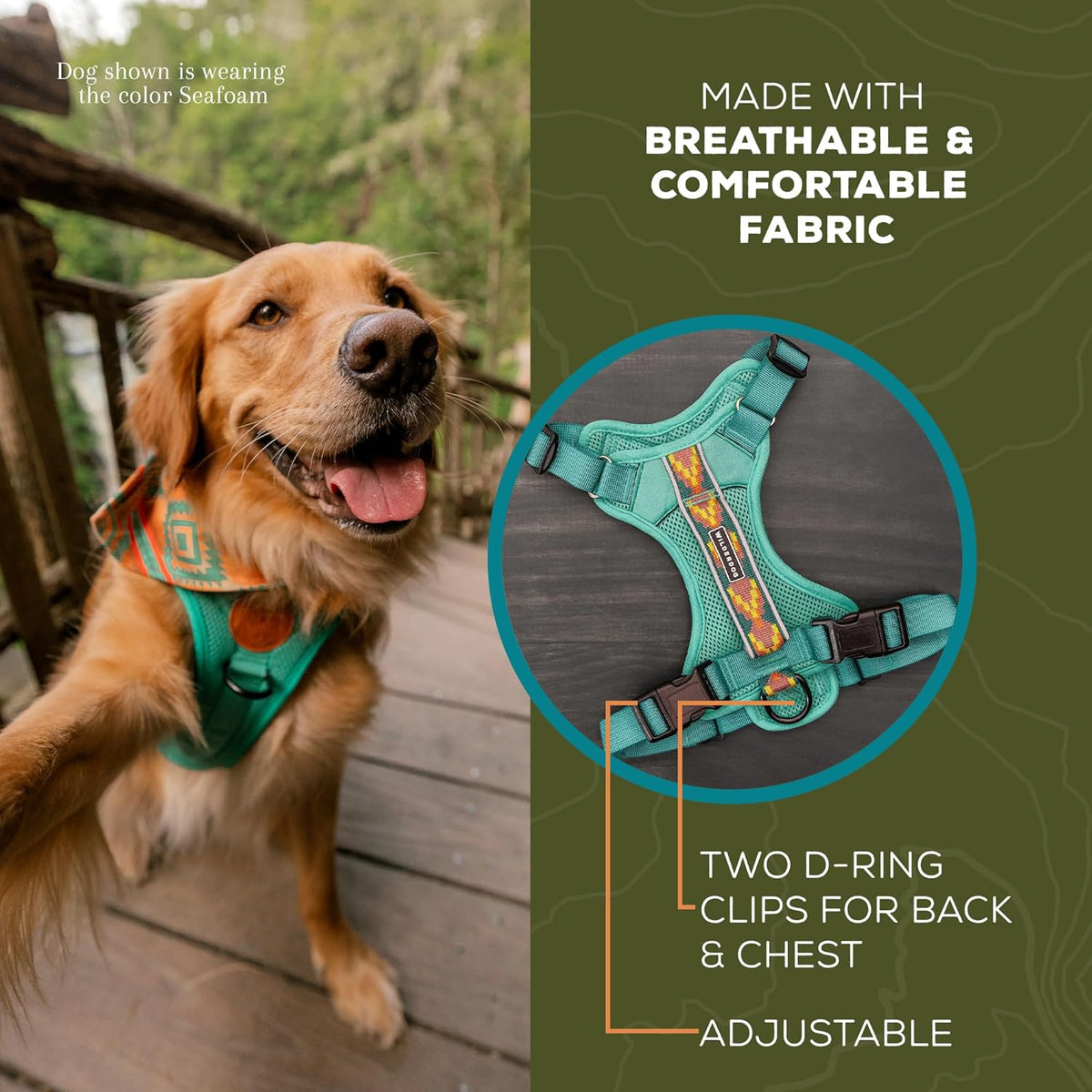 Wilderdog Lightweight Dog Harness with Reflective Straps - Large - Seafoam