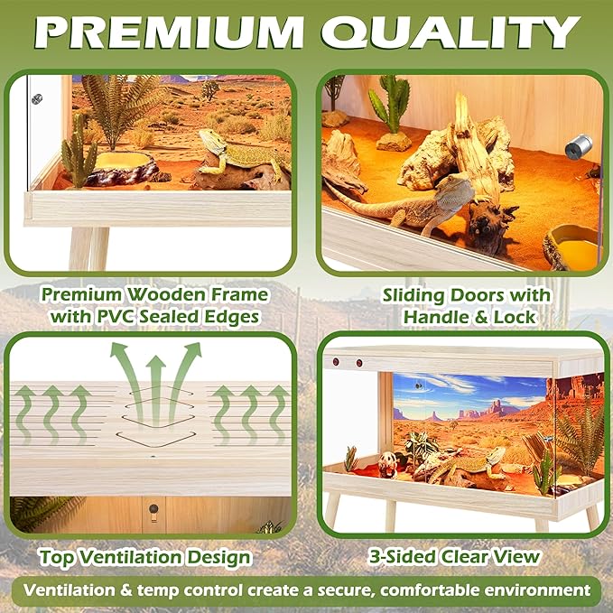 Royxen Tempered Glass Bearded Dragon Tank,33 Gallon Reptile Tank with Leg Stand,Built-in Lighting Reptile Enclosure Scartch-Proof Bearded Dragon Encloure for Chameleon,Snake,Lizard(Oak,32"x 16"x 16")