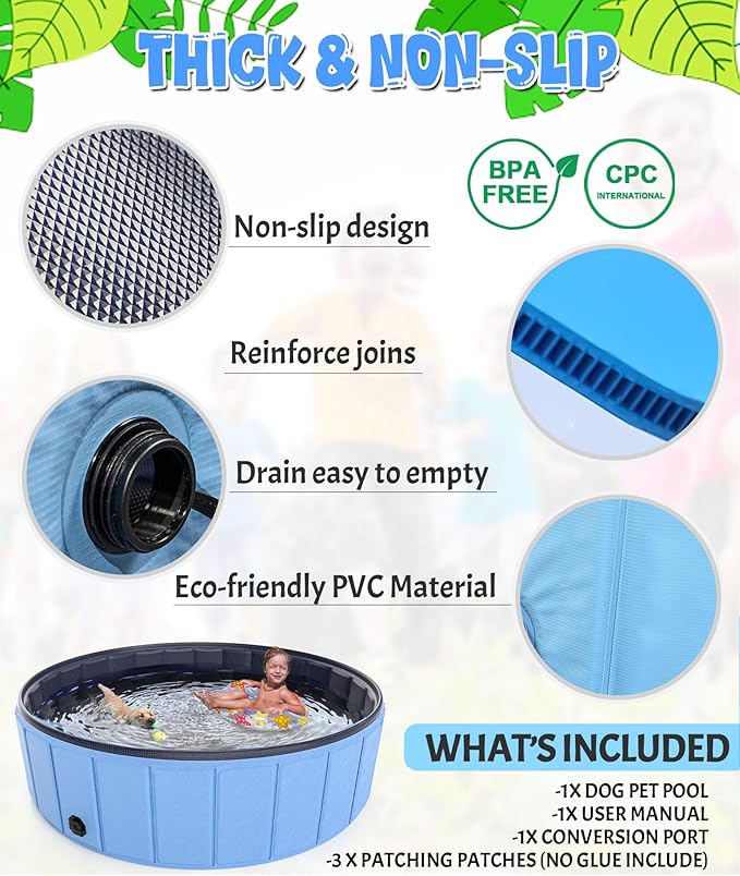 Giant Dog Pool 97"x16", Hyperzoo Foldable Dog Swimming Pool, Hard Plastic PVC Leakproof Doggie Wading Collapsible Pet Bathing Tub for Puppy Small Medium Large Dogs and Kids, Blue
