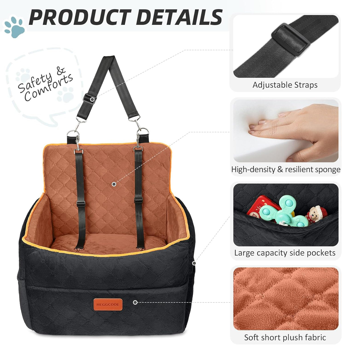 Small Dog Car Seat, Memory Foam Dog Booster Seats with Thick Cushion for Medium Dogs Under 35lbs, Detachable Washable Pet Car Seat Travel Bed with Storage Pockets,2 Safety Belts