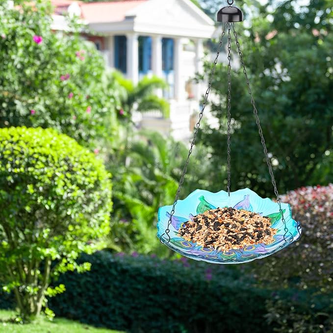 MUMTOP Hanging Bird Bath - Bird Baths for Outdoors, Peacock Glass BirdBath Outdoor Birdfeeders for Garden and Patio Decor