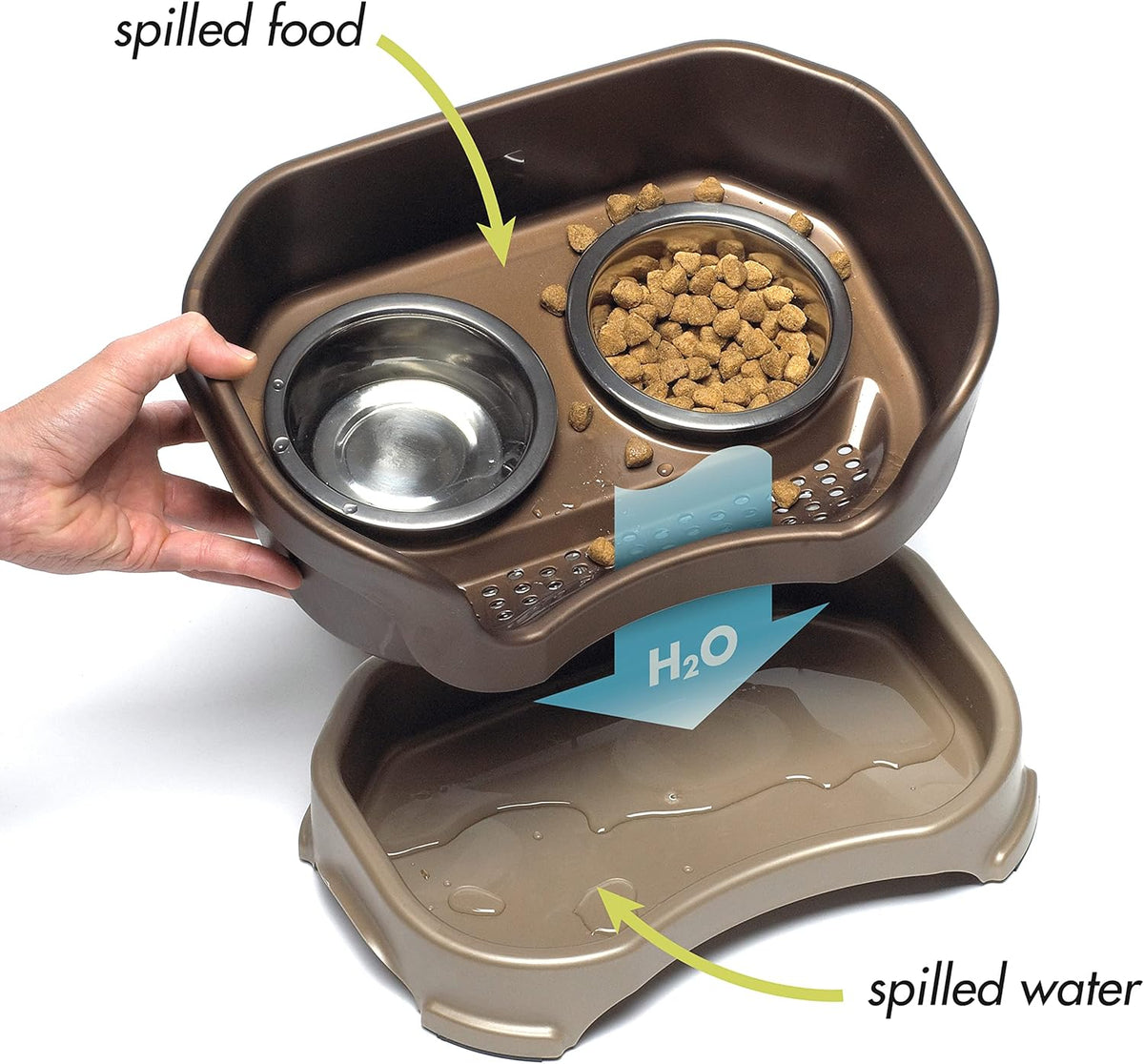 Neater Feeder Deluxe Mess Proof Dog Bowls Elevated Medium Sized Dogs (19-40 lbs) Made in USA, No Spill Raised Dog Food Bowl Stand w/Leg Extension, Stainless Steel Food and Water Bowl Set, Bronze