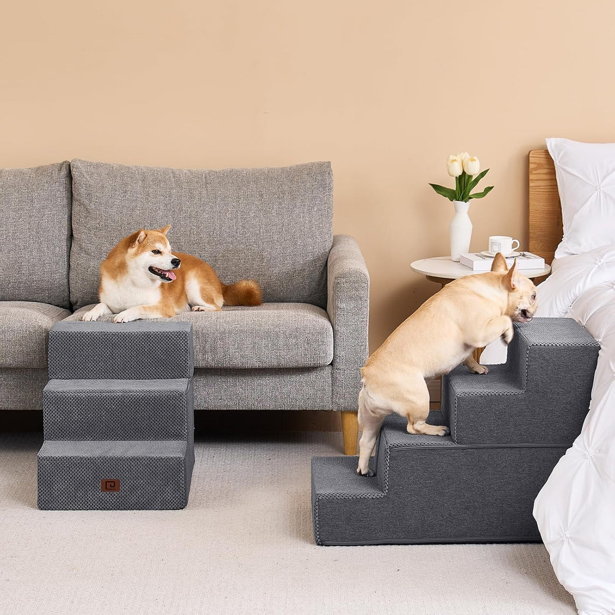 EHEYCIGA Dog Stairs for Bed 20" H, 4-Step Extra Wide Dog Steps for High Bed, Pet Steps for Small Dogs and Cats, Non-Slip Balanced Pet Ramp Indoor, Grey