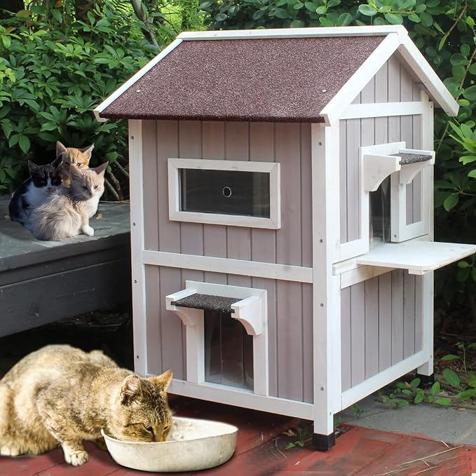 Rockever Outdoor Cat House, Large Outdoor Houses for Feral Cats Wooden Outside Cat Shelter Weatherproof with Escape Door