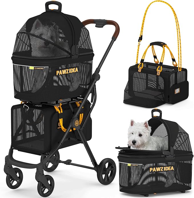 PAWZIDEA Double Pet Stroller with 2 Detachable Carriers, Portable Dog Crate for Car Travel & TSA-Approved Expandable Cat Carrier, Foldable Lightweight Jogger Stroller for 2–4 Cats or Small/Medium Dogs