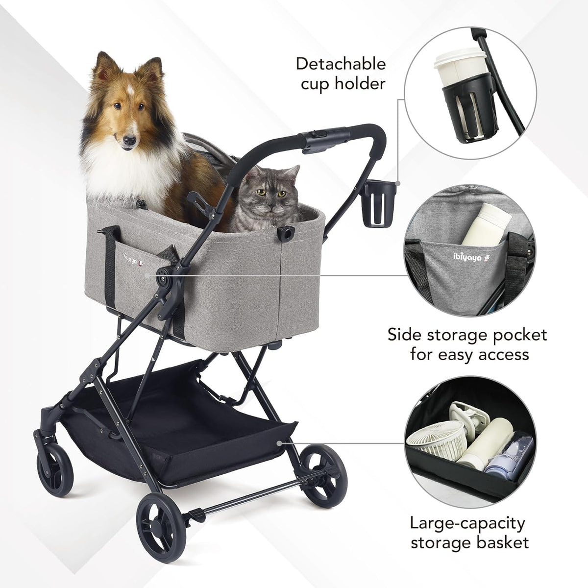 ibiyaya Essential – Travois Tri-Fold Pet Travel System for Medium Dogs, Cats, and More, 3 in 1 Dog Stroller with Detachable Carrier, XL Cabin (Taupe Gray)