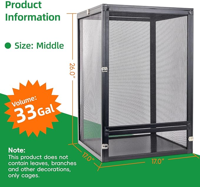 33 Gal Detachable and Foldable Reptile Butterfly Cage Terrarium, 360° Observation, Airflow, Interaction in Gecko Tank for Crested Geckos, Leopard Geckos, Chameleons, Bearded Dragons