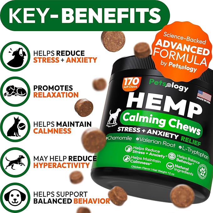 Hemp Calming Chews for Dogs - 170 Dog Calming Chews - Anxiety Relief Treats - Advanced Stress Relief Supplement, Separation Aid, Barking, Fireworks, Melatonin - Hip & Joint Support - Made in USA