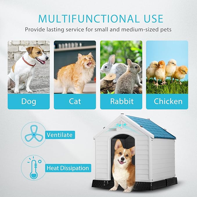 DEStar Durable Waterproof Plastic Pet Dog House Indoor Outdoor Puppy Shelter Kennel with Air Vents and Elevated Floor (Large - 33" Height)