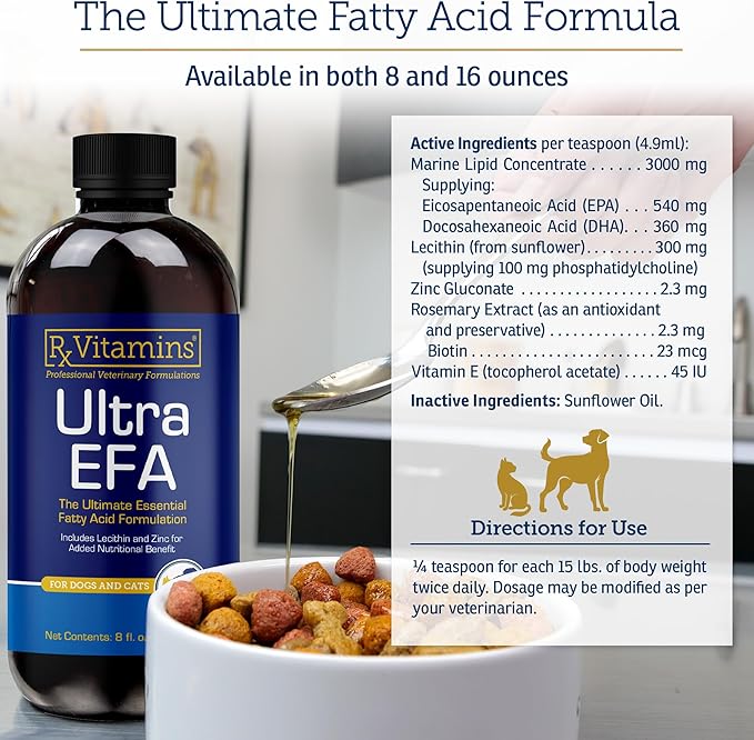 Rx Vitamins Ultra EFA Omega 3 Fish Oil for Dogs & Cats - Promotes Heart, Brain, and Joint Health with Vitamin E, Biotin, and Zinc - Liquid Fish Oil for Itch Relief, Dog Shedding, Coat Health - 8 oz
