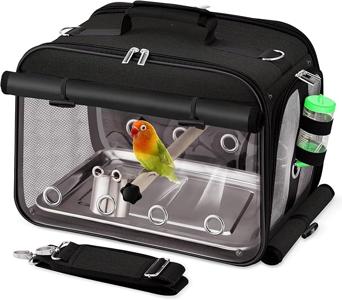 Suertree Bird Carrier Airline Approved, Bird Travel Cage with Indestructible Stainless Steel Mesh, Bird Travel Bag Lightweight and Portable with Water Bottle and Bowl