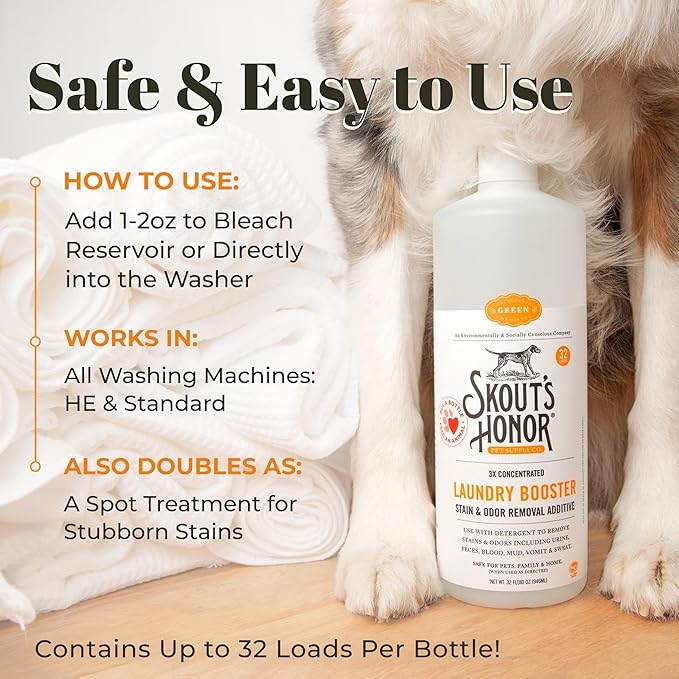 Skout's Honor Laundry Booster Stain & Odor Removal Additive - Plant-Powered Formula for Pet Bedding, Clothing, and Washable Pee Pads - Eco-Friendly & Cruelty-Free, 32 oz - 3 Pack