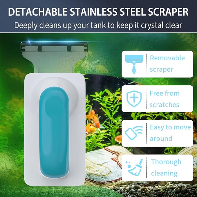 Pawfly Aquarium Strong Magnetic Brush Stain Cleaner with Detachable Stainless Steel Scraper and Non-Slip Handle 4 Inch Floating Cleaning Scrubber Tool for Glass Fish Tank (Not for Acrylic Tank)