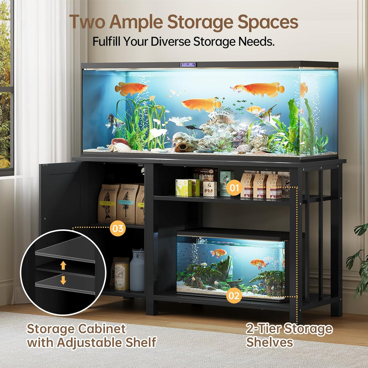 Aquarium Stand with Power Outlets, 55-75 Gallon Heavy Duty Fish Tank Stand with Cabinet Storage & Adjustable Shelf, for Fish Tank, Turtle Tank, Reptile Terrarium, 1000LBS Capacity, Black