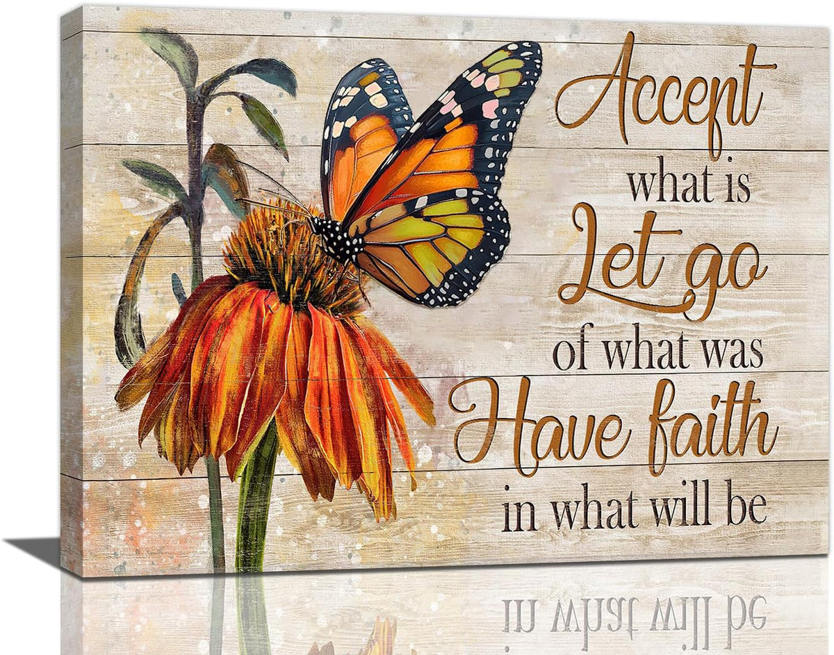 Farmhouse Butterfly Bathroom Pictures Wall Art, Rustic Floral Country Bathroom Wall Decor, Daisy Inspirational Framed Painting Canvas Artwork for Bedroom Living Room Decorations 16"L x 12"W