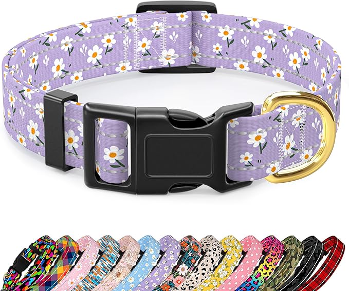 Reflective Dog Collar for Small Dogs, Cute Flower Theme Adjustable Heavy-Duty Nylon Puppy Collar for Boy and Girl Female, Soft Pet Accessories with Quick Release Buckle, Purple White