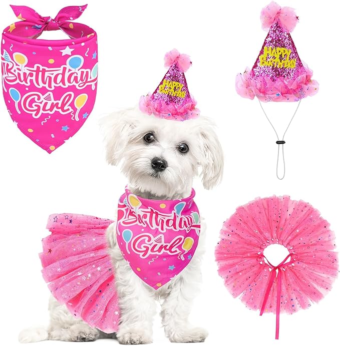 SCENEREAL Dog Birthday Bandana with Hat and Dress Girl Set, Puppy Birthday Party Supplies, Cute Pink Tutu Skirt Outfit for Small Medium Large Dogs