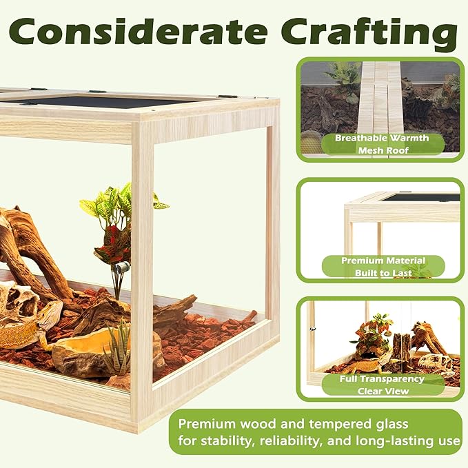 Prolee Tempered Glass Bearded Dragon Tank,Reptile Encloure and Snake Tank with Metal Mesh Roof Door,Locking Design Reptile Tank for Lizard,Gecko,Chameleon (Oak, 28 Gallon (24x16x16 Inch))