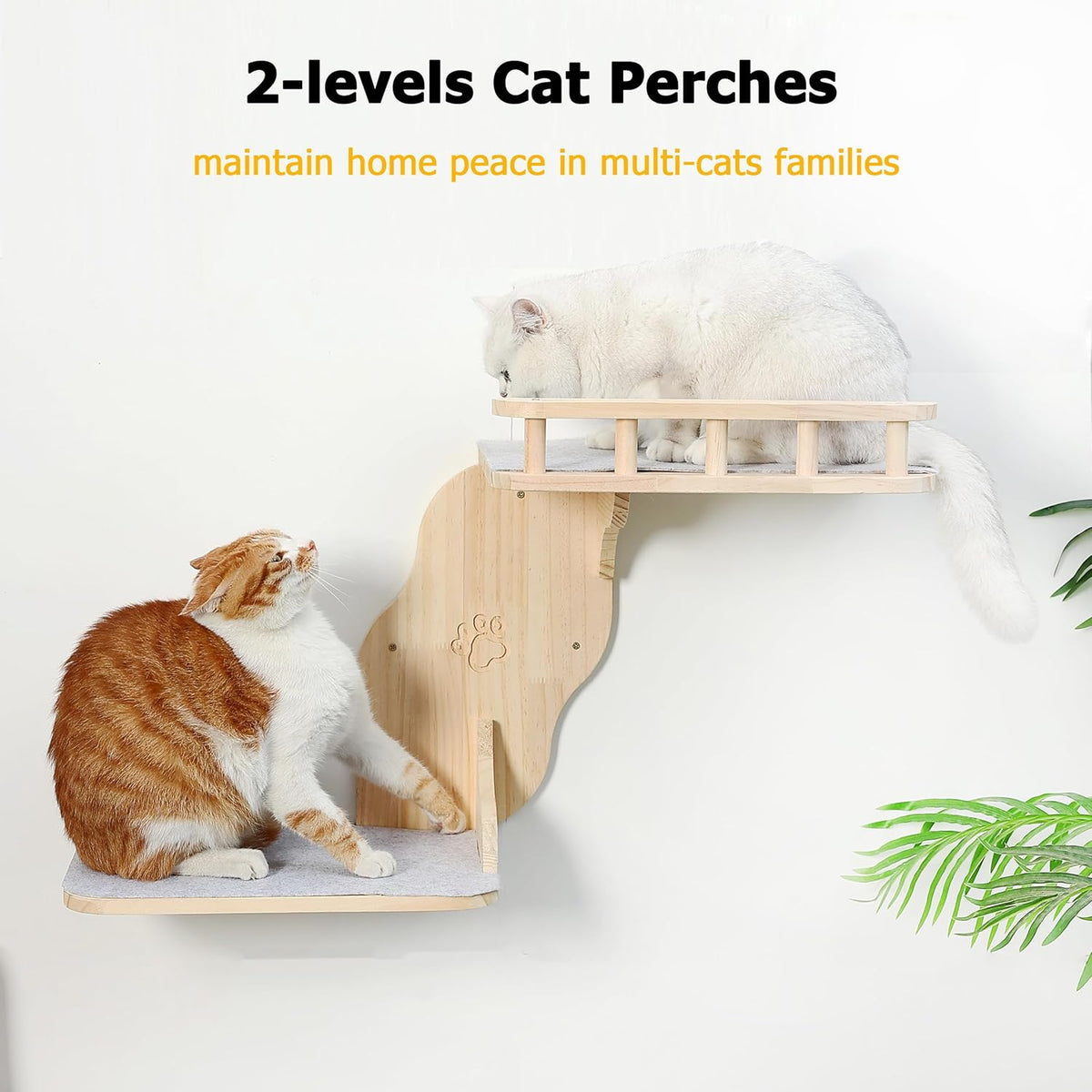 Cat Wall Perches, 2-Levels Corner Shelves Wall-Mounted Platform with Scrathing Mat, Wood Furniture for Indoor Cats Climb,Play and Nap (Right)