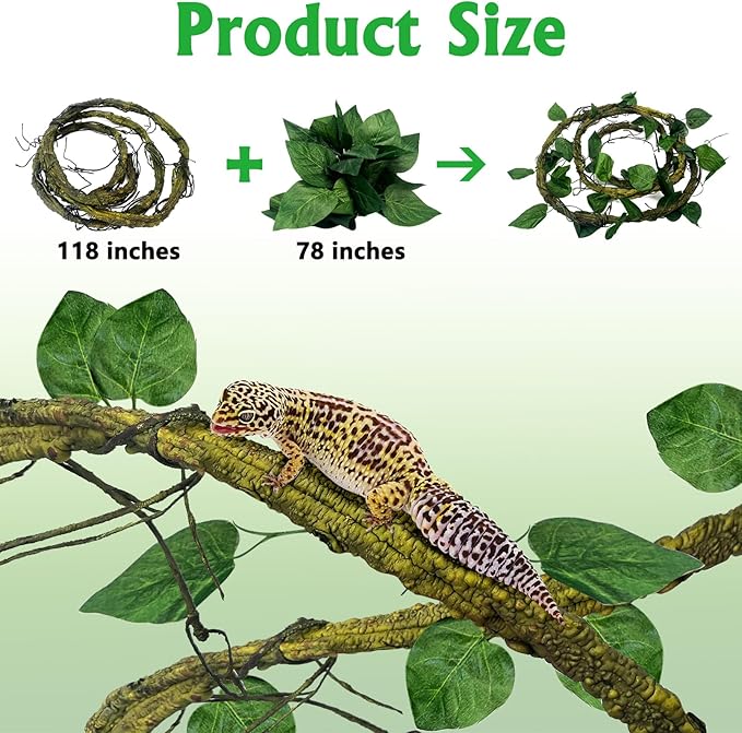 VCEPJH Large Reptile Vines Thick Terrarium Plants 118 Inches Long Flexible Climbing Branch Snake Tank Accessories Greenery Habitat Decor for Bearded Dragon Chameleon Gecko Frog Lizard (L)