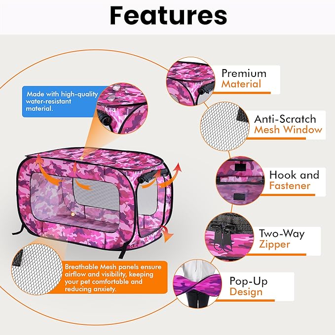 Beatrice Home Fashions Portable, Collapsible, Pop Up Kennel Travel Cat and Dog Crate, 36" L x 22" W x 22" H, Camo Pink