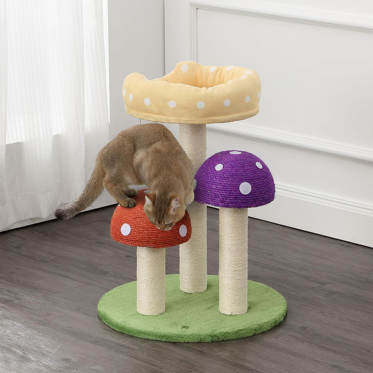 CTR1001A Pixie 22.5" 3-Tier Cottage Sisal Mushroom Cat Tree with Scratching Posts, Napping Perch, and Dangling Bell Toy, Multi
