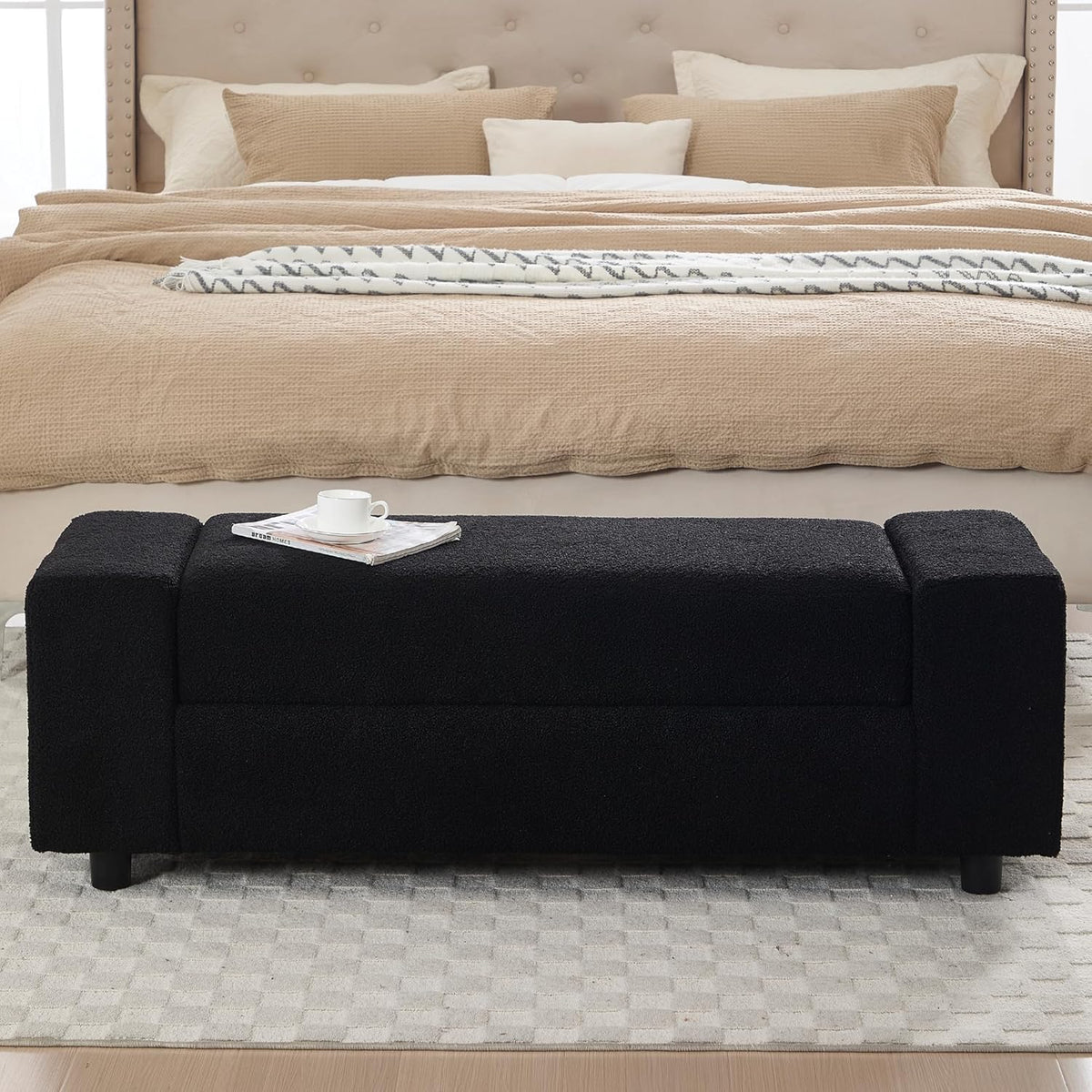 Teddy Storage Ottoman Bench for Bedroom, Comfy Boucle End of Bed Bench with Large Hidden Storgae Space, 55 inches Window Bench for Living Room/Reception Room/Mudroom, Black