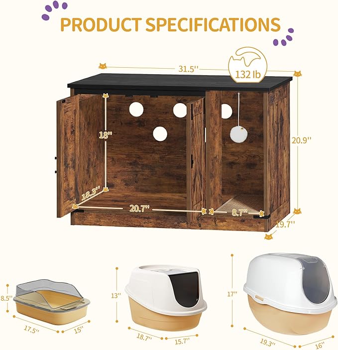 Cat Litter Box Enclosure, Hidden Litter Box Cabinet Furniture with Bell, Indoor Cats House, Farmhouse Style, 31.5 x 19.7 x 20.9Inches, for Hallway, Bedroom, Rustic Brown and Black CB82401X
