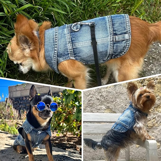 Puppy Clothes for Small Dogs Boy,Classic Western Denim Dog Coat,Dog Jeans Jacket with Leash D-Ring,Pet Cat Costumes,Cooling Harness Vest for Walking (Blue, XX-Large)