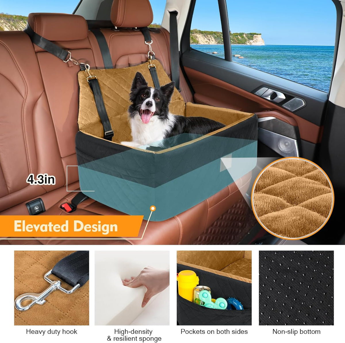 Dog Car Seat for Large Medium Dogs,Washable Pet Car Seat Under 55 lbs or 2 Small Dogs,Dog Booster Seat with Thick Cushion,2 Safety Leashes Travel Car Dog Bed