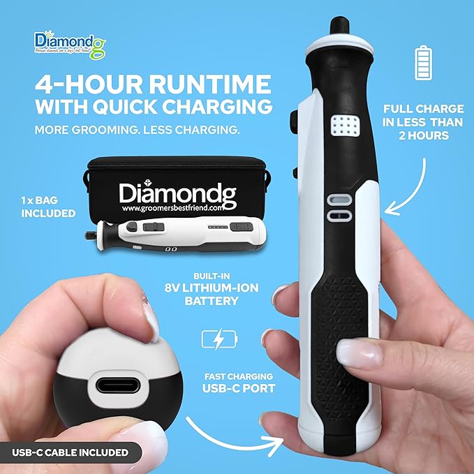 Diamondg Cordless Dog Nail Grinder with Quiet Sound & LED Tip for Large & Small Dogs, 4hrs. Runtime, 2 Bits Included, White