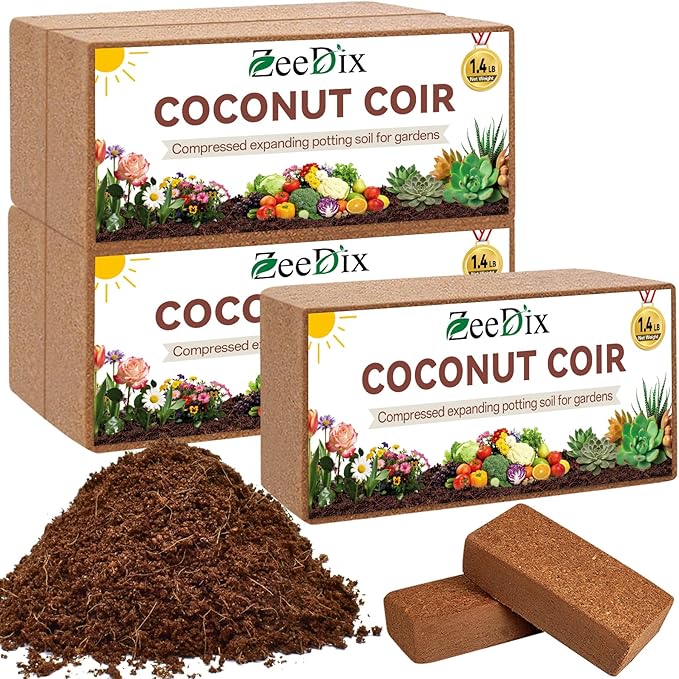 ZeeDix 5 Pack Coconut Coir Bricks, 100% Organic Compressed Coco Coir Brick Seed Starter Potting Soil for Plants, Premium Coconut Fiber Substrate with Low EC & pH Balance for Gardening Flower Herbs