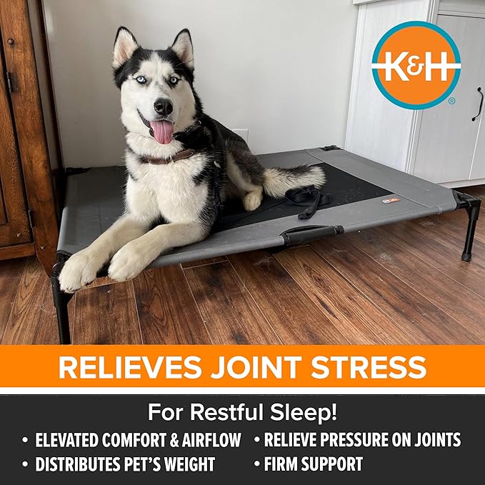 K&H Pet Products Outdoor Elevated Dog Cot, Breathable Cooling Elevated Cot Hammock Pet Bed for XL Dogs, Washable Mesh Cover, Raised Metal Frame, Collapsible, Portable - Extra-Large 50 X 32in Gray