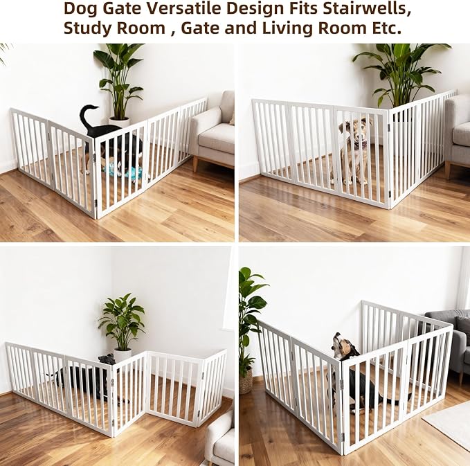 ZJSF Freestanding Indoor Dog Gate for House Foldable Wood White Puppy Gate for Doorways Pet Gate for Stairs Extra Wide Pet Fence 24" Height 6 Panels