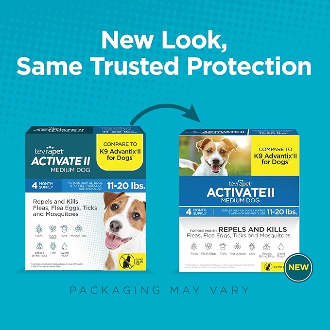 TevraPet Activate II Flea and Tick Prevention for Dogs | 4 Count | Medium Dogs 11-20 lbs | Topical Drops | 4 Months Flea Treatment