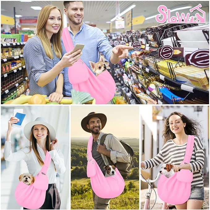 Lukovee Pet Sling, Hand Free Dog Sling Carrier Adjustable Padded Strap Tote Bag, Shoulder Bag with Safety Belt & Front Pocket for Small Dog Cat Puppy (Pink-WY,S)