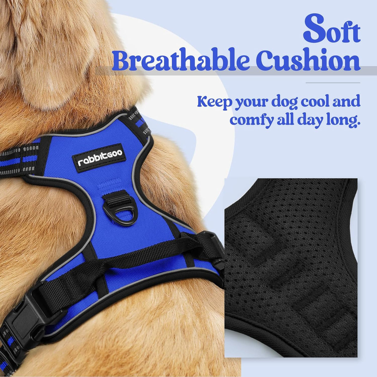 rabbitgoo Dog Harness No Pull with 2 Leash Clips, Adjustable Soft Padded, Reflective Oxford No Choke Pet Vest with Easy Control Handle for Large Dogs, Dazzling Blue, L