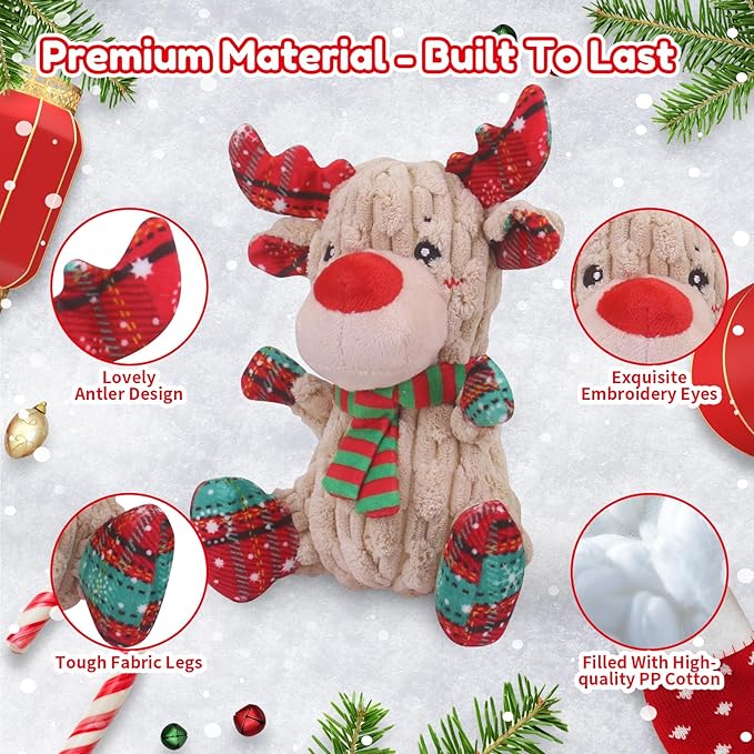 Christmas Dog Toys, Funny Squeaky Reindeer Toy with Crinkle Paper Attract Pets, Interactive Plush Chew Toys, Adorable Christmas Elk Dog Gifts for Small Medium Large Dogs