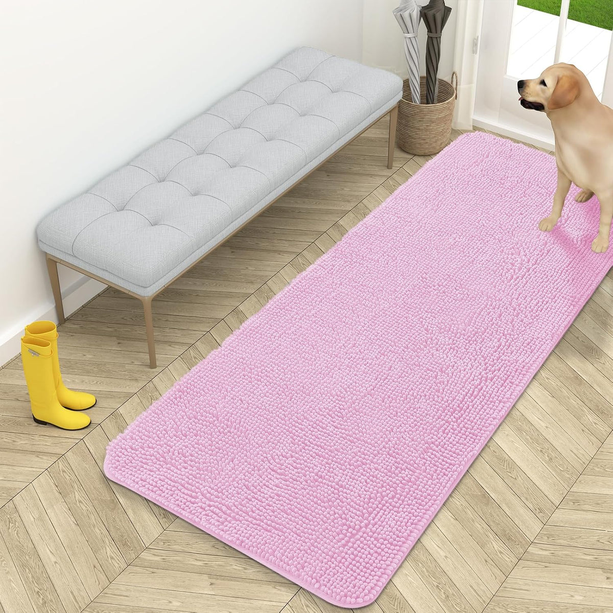 OLANLY Dog Door Mat for Muddy Paws 59x24, Absorbs Moisture and Dirt, Absorbent Non-Slip Washable Doormat, Quick Dry Chenille Mud Mat for Dogs, Entry Indoor Entryway Carpet for Inside Floor, Pink