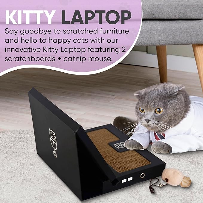 Toy Cat Laptop with 2 Scratchboards + Catnip Mouse Toy for Cats + 50pack Cat Sticker - Interactive Eco-Friendly Cat Computer with Scratch Pad Laptop for Cats - Mini Cat Laptop