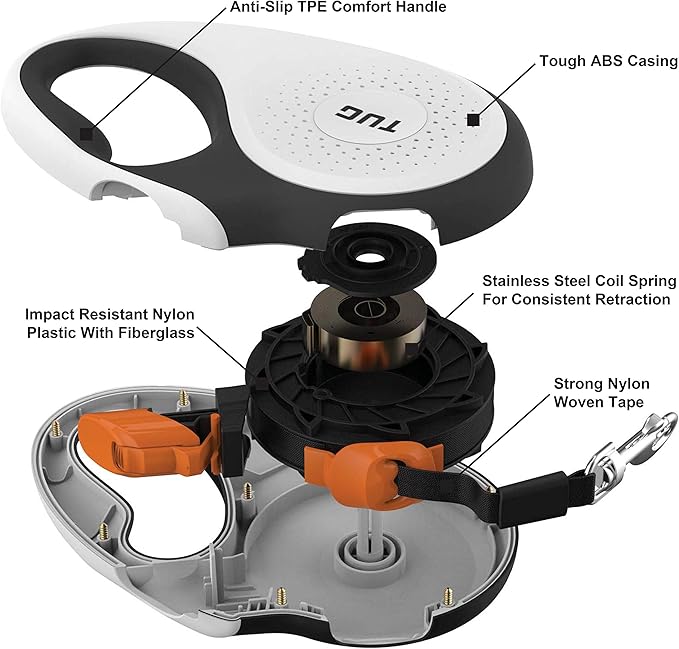 TUG Tiny 360° Tangle-Free Retractable Dog Leash with Anti-Slip Handle | 10 ft Nylon Tape | One-Handed Brake, Pause, Lock (White/Orange)