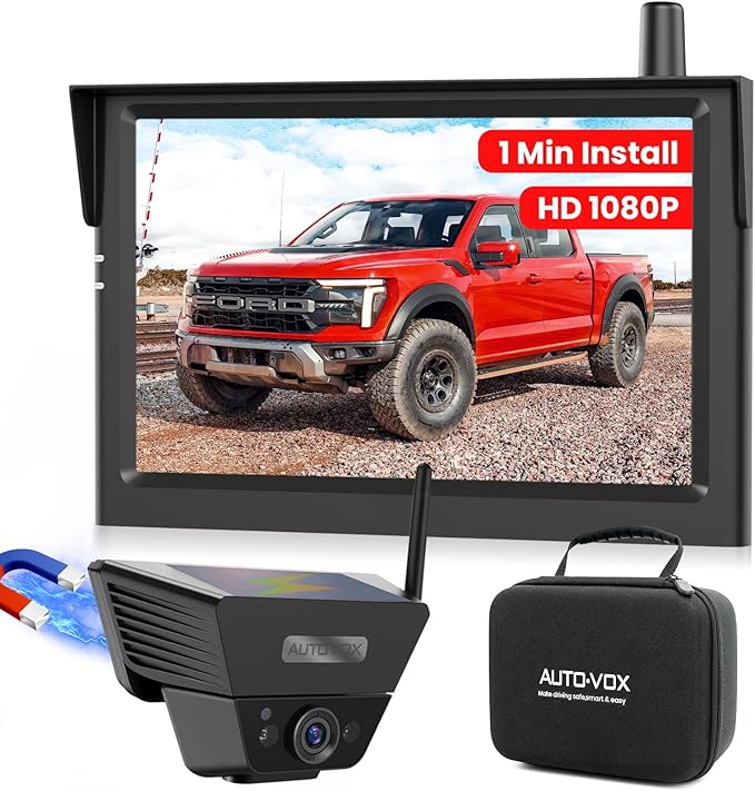 AUTO-VOX Wireless Backup Camera Solar Magnetic: 1-Min DIY Install, 5" 1080P Hd Dual Channel Monitor, Protective Carry Case, Stable Signal, IP69 Waterproof Back Up Systems Camera for Truck,Car,Trailer