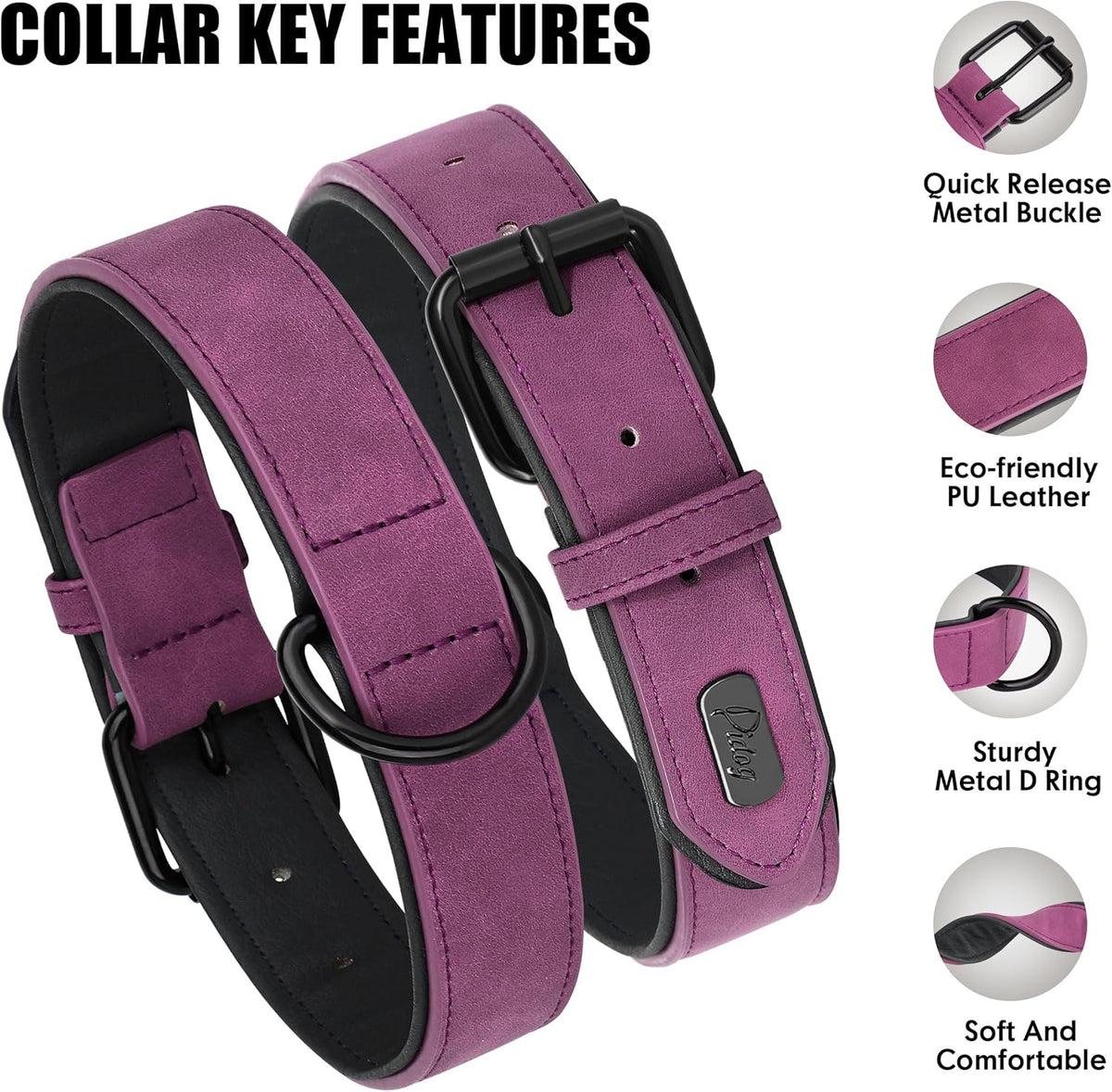 Didog Soft Padded PU Leather Dog Collar, Breathable and Adjustable Dog Collars for Small Dogs, Comfortable for Daily Walk, Purple, M Fit Neck 12-15"(13-22 lbs)