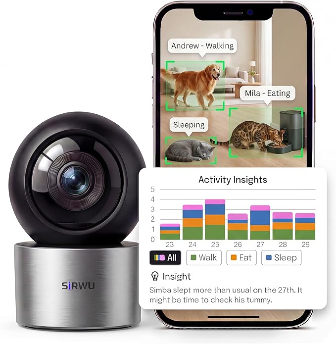AI Pet Camera Indoor with Phone App, Dog Camera with Speaker, Multi-Pet Recognition & AI Day Summary, 2K 3MP Cat Camera for Indoor, 360° Auto Tracking, Night Vision, 2-Way Talk, WiFi 2.4G/5G